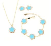 Elegant Lucky Clover Set - Five-Leaf Shaped Jewelry, Gold Plate Necklace, Earings and Bracelet for Women. Ideal for Parties and Weddings, Metal, Cubic Zirconia