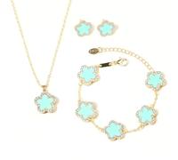 Elegant Lucky Clover Set - Five-Leaf Shaped Jewelry, Gold Plate Necklace, Earings and Bracelet for Women. Ideal for Parties and Weddings, Metal, Cubic Zirconia