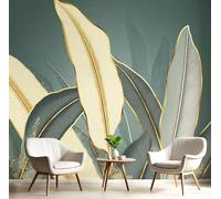 Elegant Luxurious Botanical Panoramic Wallpaper, Non-Woven Art Print Banana Leaves Lines Wall Mural Decor, Gold Photo Wallpaper for Living Room Bedroom Home Decoration Wall Poster 300 x 210 cm