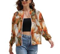 Elegant Magnolia Bomber Jacket Womens, Abstract Branches Flowers Flight Jacket, Zip Up Stand Collar Long Sleeve Lightweight Baseball Jackets, Orange Coat Shirts With Pocket for Women