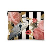 Elegant Makeup Bag, Chic Heron and Floral Design Cosmetic Travel Pouch for Women, Portable Small Canvas Zipper Organizer, Gift for All Seasons and Celebrations, Peach, 7x9 Inch, Heron and Flowers