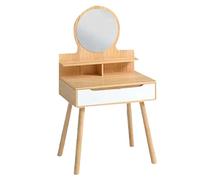 Elegant Makeup Vanity Desk with Round Mirror & Drawers, Space-Saving Design for Small Rooms, Oak Finish, Ideal for Beauty & Grooming Essentials