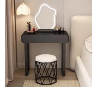 Elegant Makeup Vanity Table with Lights & Mirror Black Tempered Glass Desk Chair for Bedroom & Study Nesting Stool Compact Size 70 x 40 x 78 cm