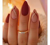 Elegant Matte Burgundy Press on Nails with Gold Accent Glitter Design - Short Square False Nails French Tip Art Home Manicure Set for Women Christmas Stick Cute Snowflake Winter Eye Flower Cat