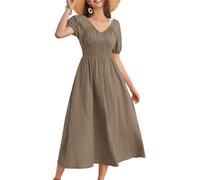 Elegant Maxi Cotton Renaissance Dresses Long V Neck Ruched A-Line Milkmaid Dress for Party Going Out Night Khaki XL