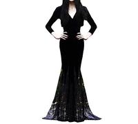 Elegant Maxi Dresses Deep V-Neck Long Sleeve Solid Gothic Lace Mermaid Gown Halloween Costume Party Fancy Dress (Black, L)