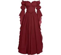 Elegant Medieval Dress for Women Square Neck Long Sleeve Cosplay Costume Formal Party Historical Reenactment Performance Outfit (Red, M)