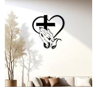 Elegant Metal Christian Heart & Cross Wall Art,Praying Hands Design,Cross Wall Sculptures,12"/16"/20" Iron Sculpture for Indoor/Outdoor,for Living Room,Office,Patio,Farmhouse Decor (M:15.75in)