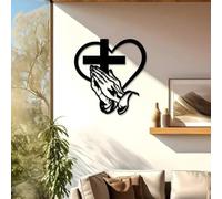 Elegant Metal Christian Heart & Cross Wall Art, Scripture-Inspired Iron Cross with Praying Hands Design, Metal Wall Decor for Living Room, Religious Christian Farmhouse Faith Sculpture(15.7in-1PC)