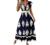 Elegant Midi Dresses for Women UK, A-Line Summer Dress, Corset Dresses V Neck Sundresses Flutter Sleeve Sundress Ankle Length Sundress Printed Boho Flowy Swing Sundresses for Summer Vocation Navy