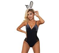 Elegant Midnight Blue Velvet Lingerie Set - Snap Crotch Bodysuit Paired with Lace Bunny Ear Headband - Perfect for Daily Wear, Easter, Halloween and Themed Nights - UK Size 8