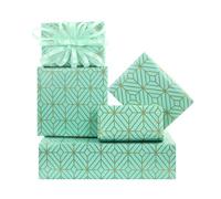 Elegant Mint Green and Gold Geometric Abstract Rhombus Lattice Wrapping Paper with Ribbon, 4 Sheets Minimalistic Classic Gift Wrap Folded Flat 50x70cm, For Wedding, Bridal Shower, Birthday
