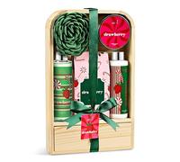 Elegant Modern Bath and Body Gift Set Home Spa Set with Shower Gel, Body Lotion, Bath Salt, Body Scrub & Pouf in Wooden Curio (Delicate Strawberry) - Mother's Day Gift for Mom