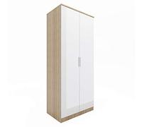 ELEGANT Modern High Gloss Soft Close 2 Doors Wardrobe with Metal Handles Includes a removable hanging rod and storage shelves, White/Oak
