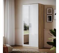 ELEGANT Modern High Gloss Soft Close 2 Doors Wardrobe with Mirror and Metal Handles Includes Removable Hanging Rod and Storage Shelves, White/Oak Bedroom Furniture Sets