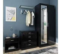 ELEGANT Modern High Gloss Wardrobe and Cabinet Furniture Set Bedroom 2 Doors Wardrobe with Mirror and 4 Drawer Chest and Bedside Cabinet, Black