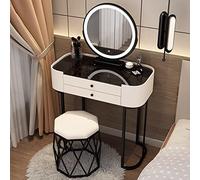 Elegant Modern Makeup Vanity Set with LED Mirror Glass Top & Plush Stool Stylish Bedroom Dressing Table for Women & Girls White & Black 70cm