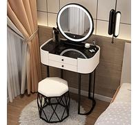 Elegant Modern Makeup Vanity Table with Illuminated Mirror & Glass Top Padded Stool Stylish Bedroom Dressing Table for Women & Girls White & Black 50cm