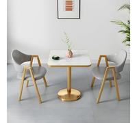 Elegant Modern Square Dining Table Set White & Gold Metal Base Upholstered Light Grey Chairs Ideal for Living Room & Dining Room Chic Home Furniture Accent.