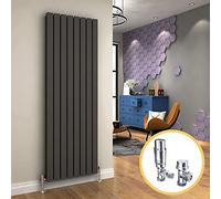 ELEGANT Modern Vertical Radiator Double Designer Heater Grey Tall Upright Radiators Wall Panel 1800 x 608 mm + Thermostatic Valves Set Chrome