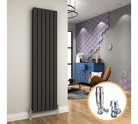 ELEGANT Modern Vertical Radiator Double Designer Heater Grey Tall Upright Radiators Wall Panel 1800 x 456 mm + Thermostatic Valves Set Chrome