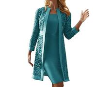 Elegant Mother of The Bride Dress Set - Women's Blue XXL Midi Length Wedding Guest Dress and Jacket with Crochet Lace Cardigan Coats
