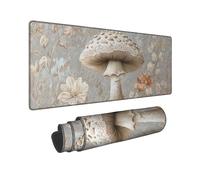 Elegant Mushroom Floral Large Gaming Mouse Pad, Beige Gray Vintage Mushroom Design Stitched Edge Mousepad, Non-Slip Washable Gaming Mouse Pad for Home and Office Computer, Laptop 12x32 Inch