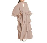 Elegant Muslim Girls' Chiffon Abaya Dress with Belt - Dubai Style - Perfect for Prayer & Party - Khaki, Size 140