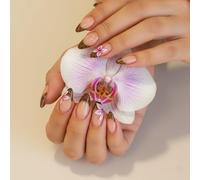 Elegant Natural Nude Pink Ombre Short French False Nails with White Orchid Floral Accent - Medium Length Almond Shape Acrylic Gel Manicure Set for Women Salon Quality Glossy Finish