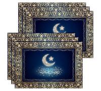 Elegant Navy Crescent Moon Placemats, Ornate Decorative Place Mats for Ramadan Dining Table, Festive Non-Slip Washable Indoor Outdoor Kitchen Party Placemat Set of 6