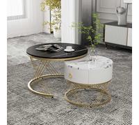 Elegant Nesting Coffee Table Set, Marble Look with Gold Decor, Side Tables for Living Room with Drawers, 70x70x45 cm + 50x50x40 cm, Black Aosom.UK