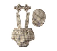 Elegant Newborns Boy Photography Clothing Set Trendy Checked Strap Pants with Hat & Bowtie for Memorable Moment