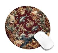 Elegant Oceanic Vintage Mouse Pad, Red Floral Waves Design with Sea Creatures, Rubber Non-Slip Mousepad for Home and Office Use, Washable Gaming Accessory Round 8x8 Inch