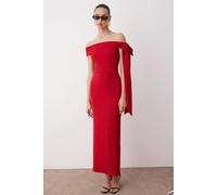 Elegant Off-Shoulder Fitted Knit Maxi Dress with Shoulder Bow Detail HOXTON GAL Red 10