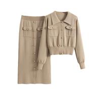 Elegant Office Sweaters Tops+Slim High Waist Knitwear Skirts 2 Piece Sets Spring Korean Women Streetwear Tracksuit Khaki