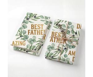 Elegant Olive Branch Birthday Wrapping Paper for Men, 2 Folded Sheets 120GSM Thick Kraft Mens Wrapping Paper, Watercolor Greenery Gift Wrap for Dad Father's Day Amazing