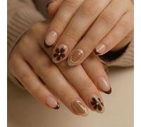 Elegant Oval Almond Shaped French Tip Press On Nails with Glossy Nude Pink & Brown Gradient Design - Featuring 3D Floral Accents and Gold Ring Inlays for a Refined Manicure, Ideal for Daily Wear,