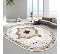 Elegant Oval Area Rug, White with Gold Floral Pattern and Red Rose Design, Decorative Floor Mat 120 x 160cm