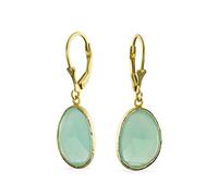 Elegant Oval Faceted Pastel Stone Dangle Bezel Set: Lever Back Earrings Mint Green Simulated Chalcedony 14K Gold-Plated .925 Sterling Silver