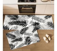 Elegant Palm Leaves Kitchen Rug Set 2 Piece Non Slip and Gray-Black Tropical Plants Kitchen Mat, Washable Mats and Rugs for kitchen,Hallway Runner Set, Dining Room, Entryway and Home Decoration Office