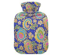 Elegant Pasley Floral Blue Gold Colorful Travel hot Water Bottle with Soft Cover, 2L Water Bottle Bag for Neck and Shoulder Pain Relief, Neck and Shoulder Pain Relief, bolsas de agua Caliente
