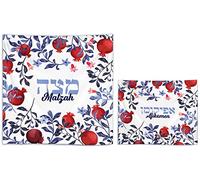 Elegant Passover Seder Silk Matzo Cover and Afikoman Set Pomegranate Design - Stunning Square 15" Matzah Cover with 3 Layers for Matzos - Matching Afikomen Bag - Pesach Sedar Decor By Zion Judaica