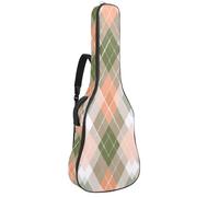 Elegant Pastel Peach Sage Green and White Argyle Pattern Acoustic Guitar Gig Bag, 1 cm Thick Padding Waterproof Guitar Case Backpack with Dual Adjustable Shoulder Strap for 40-42 Inch Guitar