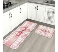 Elegant Peach Bow Kitchen Mats for Floor, Vintage Striped Cushioned Comfort Washable Decor Rugs for Kitchen Sinks Laundryroom Bathroom 2pcs