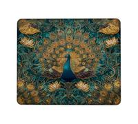 Elegant Peacock Design Mouse Pad, Teal Green and Gold Floral Art Mouse Mat, Rubber Non-Slip Washable Gaming Mouse Pad for Home and Office Use Square 8x10 Inch