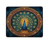 Elegant Peacock Design Mouse Pad, Vibrant Blue and Gold Floral Stitched Edge Mousepad, Rubber Non-Slip Washable Gaming Mouse Pad for Home and Office Use Square 8x10 Inch