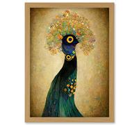 Elegant Peacock Portrait In Emerald And Gold Gustav Klimt Artwork Framed Wall Art Print A4 Artery8 Light Oak One Size