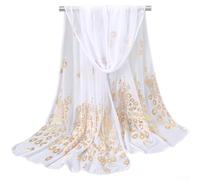 Elegant Peacock Print Polyester Scarf with Gold Foil Bronzing Phoenix Feather Accents Lightweight and Comfortable Wrap Suitable for Different Occasions (White)