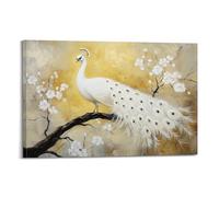 Elegant Peacock Wall Art, Exquisite Blue White Gold Feather Animal Canvas Prints, Contemporary Ornamental Bird Art, Graceful Hanging Paintings Poster to Enhance Living Room Office Bedroom Cozy Luxury