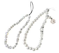 Elegant Pearl Beaded Wrist Straps for Mobile Phones Keys Bags Secure Practical Accessories - 2-Pack with Durable Cord Attachment White Imitation Pearls Sparkling Crystal Accents Heart Bow Design
